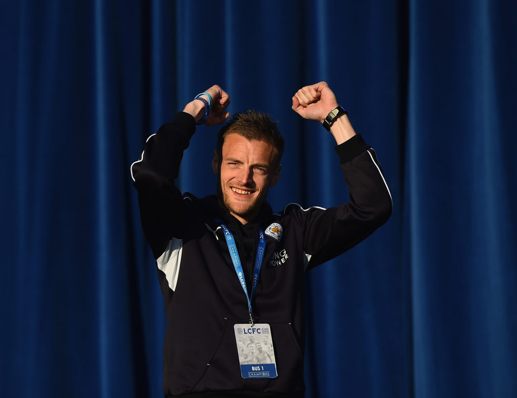 LEICESTER, ENGLAND - MAY 16: Jamie Vardy of Leicester City celebrates on stage during the Leicester City Barclays Premier League Winners Bus Parade on May 16, 2016 in Leicester, England. (Photo by Laurence Griffiths/Getty Images)