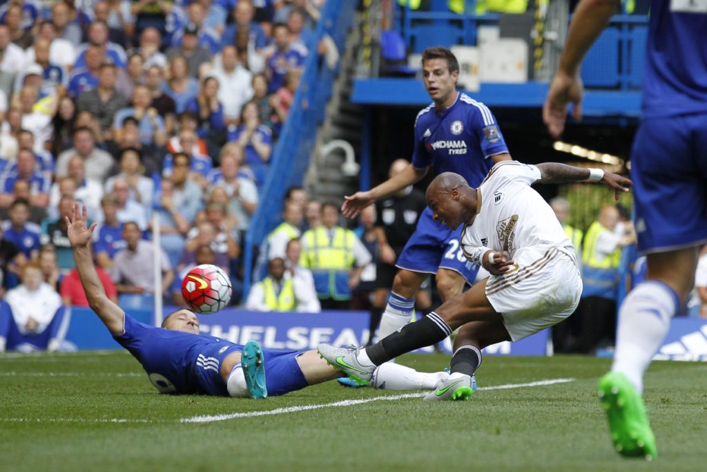 Andre Ayew scoring at Stamford Bridge last season. (Picture: Ian Kington/Getty)