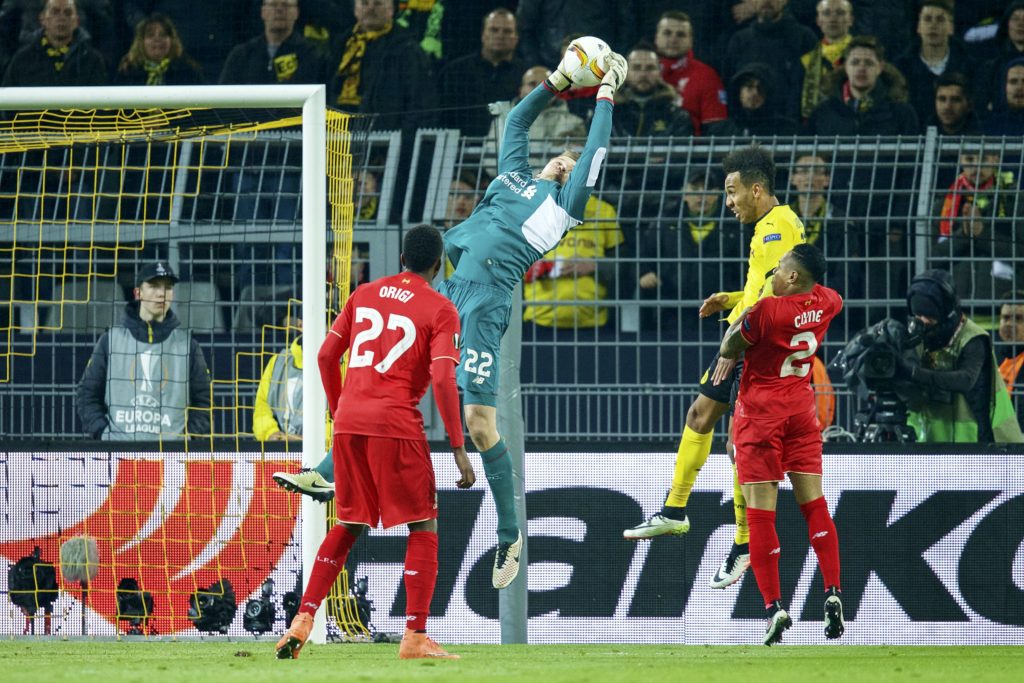 (L-R) Divock Origi of Liverpool FC, goalkeeper Simon Mignolet of Liverpool FC, Pierre-Emerick Aubameyang of Borussia Dortmund, Nathaniel Clyne of Liverpool FC during the UEFA Europa League quarter-final match between Borussia Dortmund and Liverpool on April 7, 2016 at the Signal Iduna Park stadium at Dortmund, Germany.(Photo by VI Images via Getty Images)