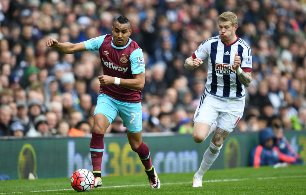 WEST BROMWICH, ENGLAND - APRIL 30:  Dimitri Payet of West Ham United and James McClean of West Bromwich Albion compete for the ball during the Barclays Premier League match between West Bromwich Albion and West Ham United at The Hawthorns on April 30, 2016 in West Bromwich, England.  (Photo by Shaun Botterill/Getty Images)