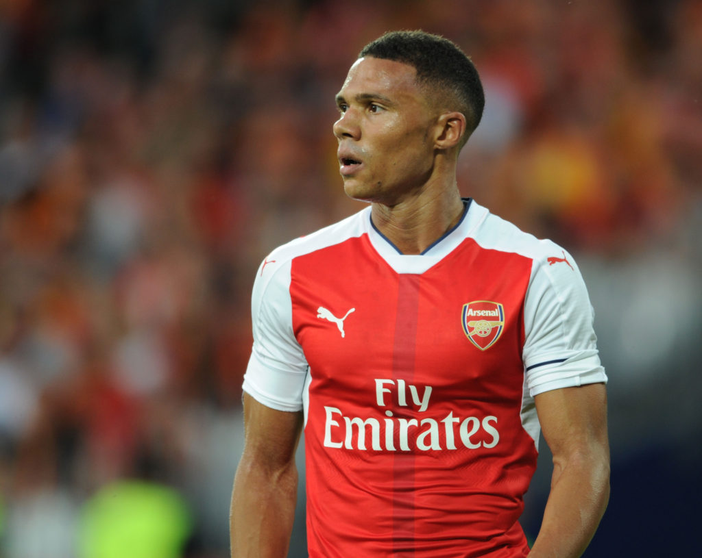 Gibbs in action against RC Lens last month. (Photo by Stuart MacFarlane/Arsenal FC via Getty Images)