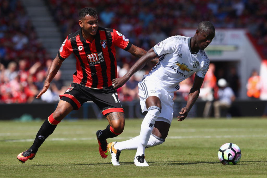 BOURNEMOUTH, ENGLAND - AUGUST 14: Eric Bailly (R) of Manchester United is tracked by Joshua King (L) of Bournemouth during the Premier League match between AFC Bournemouth and Manchester United at the Vitality Stadium on August 14, 2016 in Bournemouth, England.  (Photo by Michael Steele/Getty Images)