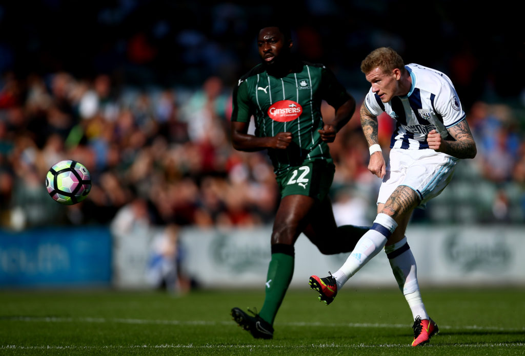 PLYMOUTH, ENGLAND - JULY 30:  James McClean of West Bromwich ALbion shoots past David Ijaha of Plymouth during the pre-season friendly between Plymouth and West Bromwich Albion at Home Park on July 30, 2016 in Plymouth, England.  (Photo by Jordan Mansfield/Getty Images)