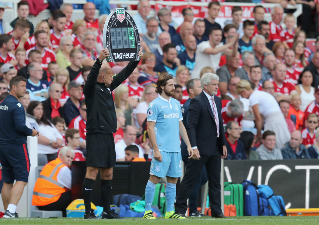 MIDDLESBROUGH, ENGLAND - AUGUST 13: Joe Allen of Stoke City waits to enter the pitch during the Premier League match between Middlesbrough and Stoke City at Riverside Stadium on August 13, 2016 in Middlesbrough, England. (Photo by Steve Welsh/Getty Images)