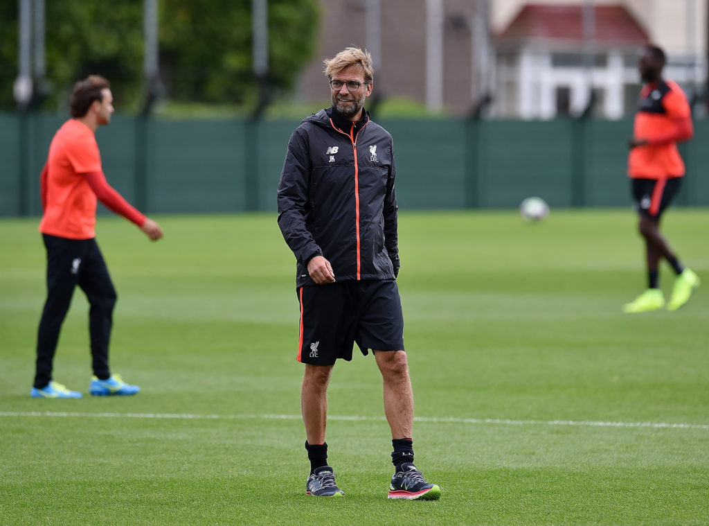 LIVERPOOL, ENGLAND - AUGUST 12: (THE SUN OUT, THE SUN ON SUNDAY OUT) Jurgen Klopp manager of Liverpool looks on during a training session at Melwood Training Ground on August 12, 2016 in Liverpool, England. (Photo by Andrew Powell/Liverpool FC via Getty Images)