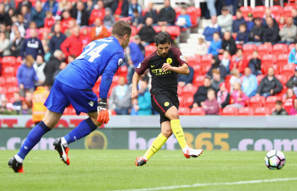STOKE ON TRENT, ENGLAND - AUGUST 20: Nolito of Manchester City scores his sides fourth goal during the Premier League match between Stoke City and Manchester City at Bet365 Stadium on August 20, 2016 in Stoke on Trent, England. (Photo by Michael Steele/Getty Images)