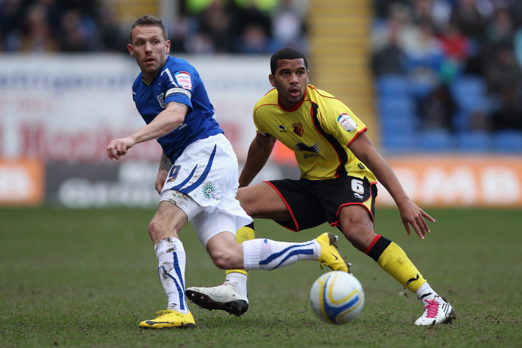 CARDIFF, WALES - JANUARY 22:  Craig Bellamy (l) of Cardiff and Adrian Mariappa (r) in action during the npower Championship game between Cardiff City and Watford at Cardiff City stadium on January 22, 2011 in Cardiff, Wales.  (Photo by Michael Steele/Getty Images)
