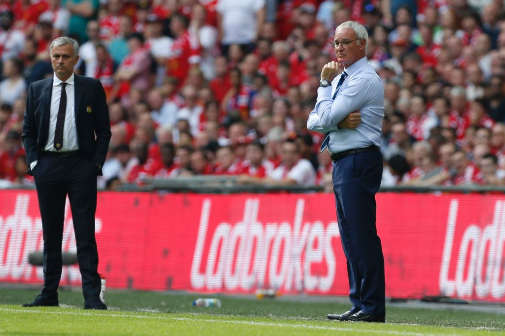 Leicester City's Italian manager Claudio Ranieri (R) and Manchester United's Portuguese manager Jose Mourinho (L) watch from the touchline during the FA Community Shield football match between Manchester United and Leicester City at Wembley Stadium in London on August 7, 2016. / AFP / Ian Kington / NOT FOR MARKETING OR ADVERTISING USE / RESTRICTED TO EDITORIAL USE (Photo credit should read IAN KINGTON/AFP/Getty Images)