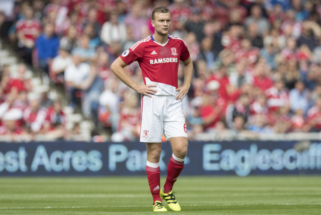MIDDLESBOROUGH, ENGLAND - AUGUST 13: Ben Gibson of Middlesbrough during the Premier League match between Middlesbrough and Stoke City on August 13, 2016 in Middlesbrough. (Photo by Steve  Welsh/Getty Images)