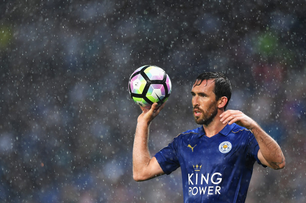 LEICESTER, ENGLAND - AUGUST 27: Christian Fuchs of Leicester City prepares for a throw in during the Premier League match between Leicester City and Swansea City at The King Power Stadium on August 27, 2016 in Leicester, England.  (Photo by Michael Regan/Getty Images)