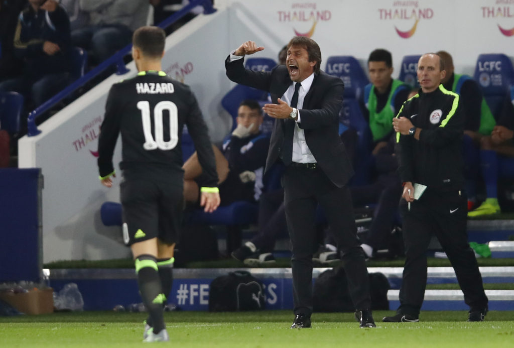 LEICESTER, ENGLAND - SEPTEMBER 20: Antonio Conte, Manager of Chelsea looks on during the EFL Cup Third Round match between Leicester City and Chelsea at The King Power Stadium on September 20, 2016 in Leicester, England.  (Photo by Julian Finney/Getty Images)