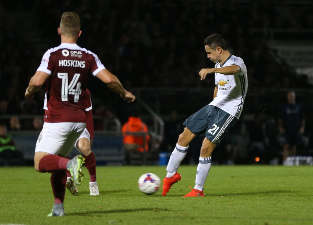 NORTHAMPTON, ENGLAND - SEPTEMBER 21: Ander Herrera of Manchester United scores a goal to make it 1-2 during the EFL Cup match between Northampton Town and Manchester United at Sixfields on September 21, 2016 in Northampton, England. (Photo by Catherine Ivill - AMA/Getty Images)