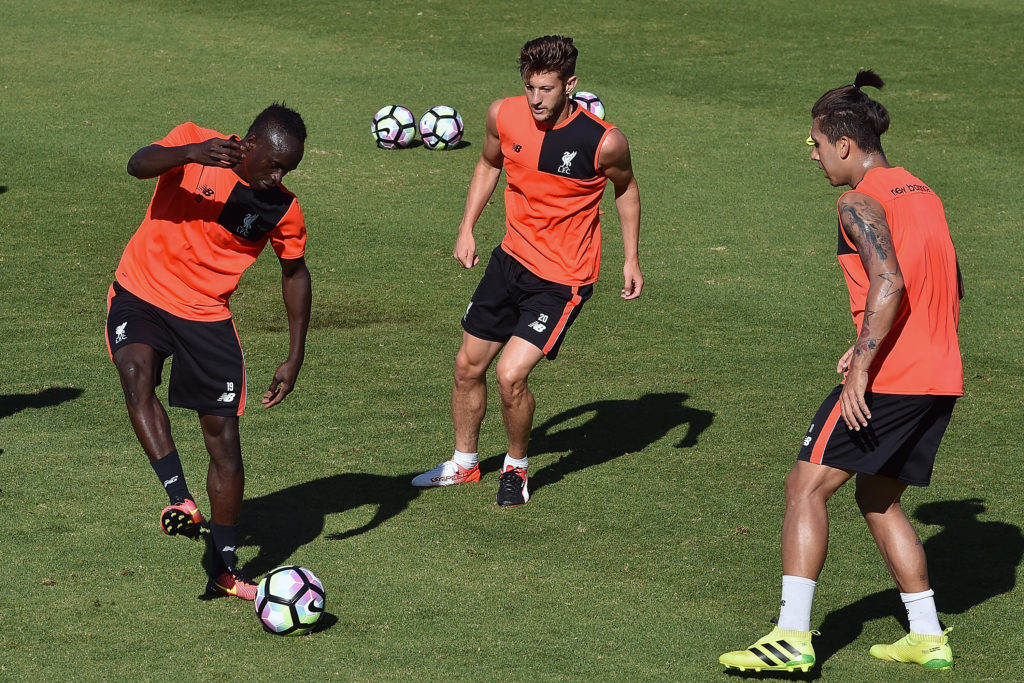 PALO ALTO, CA - JULY 24:  (THE SUN OUT, THE SUN ON SUNDAY OUT) Sadio Mane, Adam Lallana and Roberto Firmino of Liverpool during a training session at Stanford University on July 24, 2016 in Palo Alto, California.  (Photo by Andrew Powell/Liverpool FC via Getty Images)
