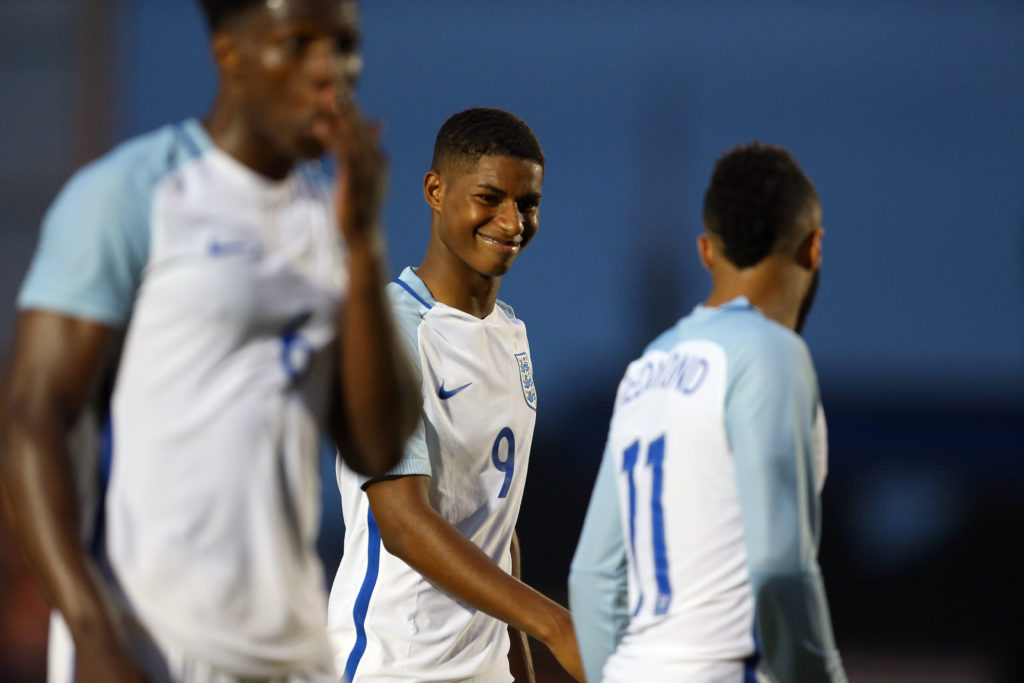 COLCHESTER, ENGLAND - SEPTEMBER 06: A smiling Marcus Rashford of England U21 during the UEFA European U21 Championship Qualifier Group 9 match between England U21 and Norway U21 at Colchester Community Stadium on September 6, 2016 in Colchester, England. (Photo by Catherine Ivill - AMA/Getty Images)