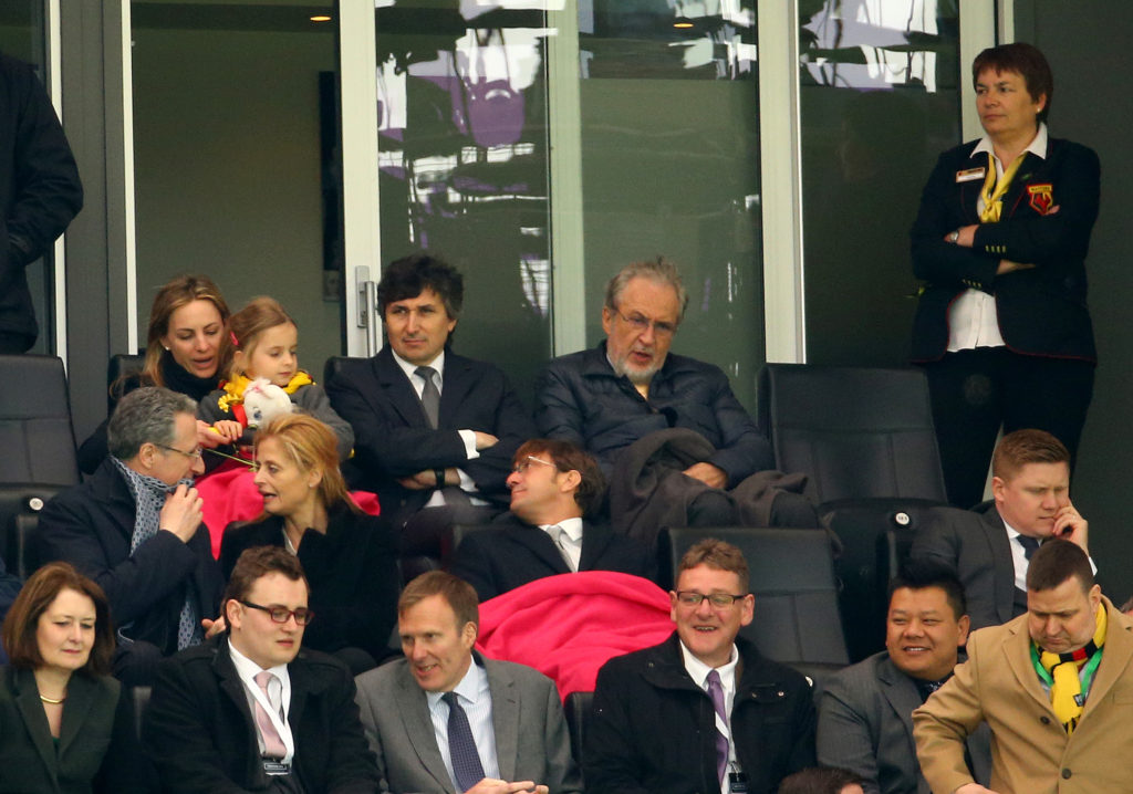 Watford owner Gino Pozzo (centre left) and his father Gianpaolo Pozzo (centre right) look on at Vicarage Road. (Photo by Richard Heathcote/Getty Images)