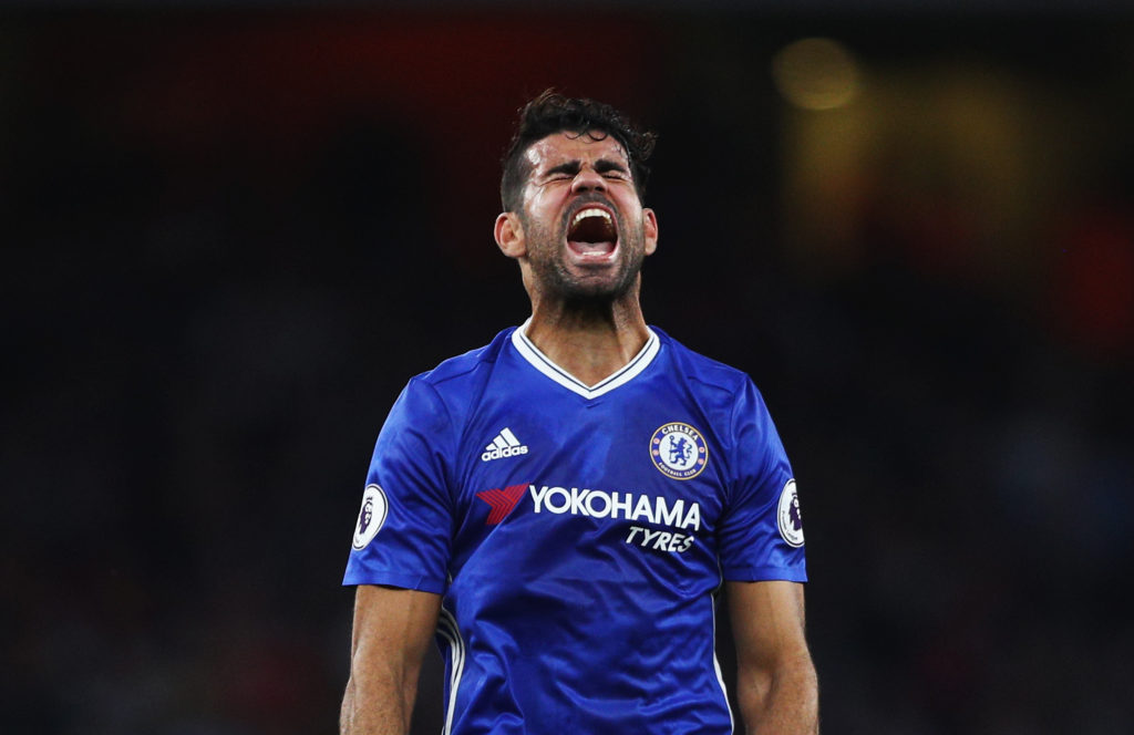 Diego Costa shows his frustration during the defeat to Arsenal. (Photo by Paul Gilham/Getty Images)