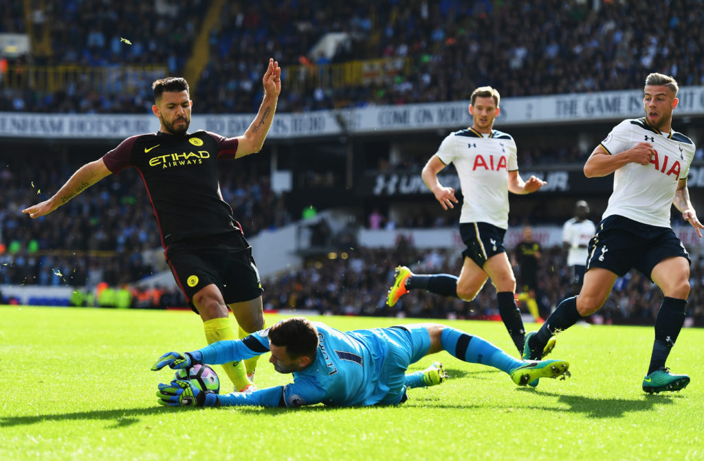 LONDON, ENGLAND - OCTOBER 02:  Hugo Lloris of Tottenham Hotspur (L) collects the ball before Sergio Aguero of Manchester City (R) can reach it during the Premier League match between Tottenham Hotspur and Manchester City at White Hart Lane on October 2, 2016 in London, England.  (Photo by Dan Mullan/Getty Images)