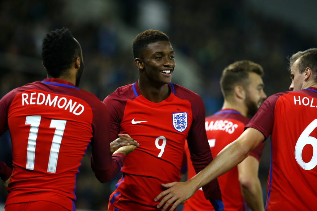 Demarai Gray celebrates scoring for England Under-21s at Kazakhstan. (Photo by Charlie Crowhurst - The FA/The FA via Getty Images)