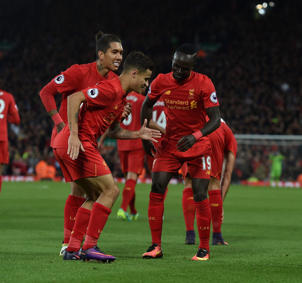 LIVERPOOL, ENGLAND - OCTOBER 22: (THE SUN OUT, THE SUN ON SUNDAY OUT) Philippe Coutinho Scores the second goal for and celebrates during Liverpool during the Premier League match between Liverpool and West Bromwich Albion at Anfield on October 22, 2016 in Liverpool, England. (Photo by Andrew Powell/Liverpool FC via Getty Images)