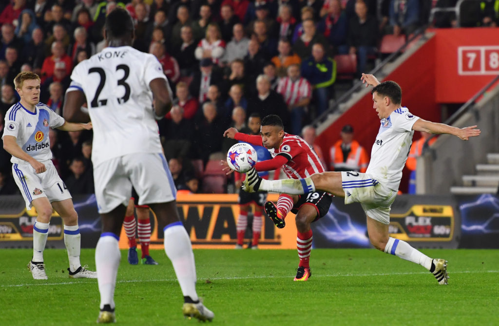 SOUTHAMPTON, ENGLAND - OCTOBER 26: Sofiane Boufal of Southampton (C) scores his sides first goal during the EFL Cup fourth round match between Southampton and Sunderland at St Mary's Stadium on October 26, 2016 in Southampton, England. (Photo by Mike Hewitt/Getty Images)