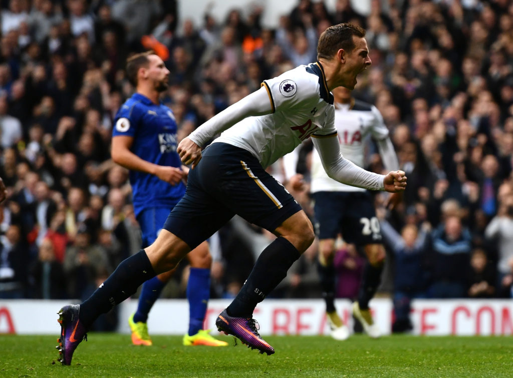 LONDON, ENGLAND - OCTOBER 29: Vincent Janssen of Tottenham Hotspur (C) celebrates scoring his sides first goal during the Premier League match between Tottenham Hotspur and Leicester City at White Hart Lane on October 29, 2016 in London, England.  (Photo by Dan Mullan/Getty Images)