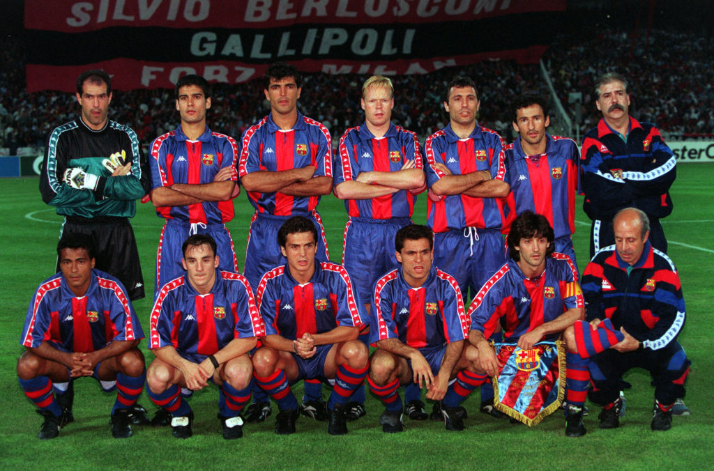 Football, UEFA Champions League Final, Athens, Greece, 18th May 1994, AC Milan 4 v Barcelona 0, The Barcelona team line-up together for a group photograph, Back Row L-R: Andoni Zubizarreta, Josep Guardiola, Miguel Angel Nadal, Ronald Koeman, Hristo Stoichkov, Aitor Beguiristain, unknown, Front Row L-R: Romario, Albert Ferrer, Guillermo Amor, Sergi, Jose Maria Bakero (captain), unknown  (Photo by Bob Thomas/Getty Images)