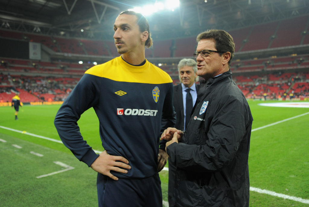 LONDON, ENGLAND - NOVEMBER 15: Fabio Capello (R) the England manager speaks with Zlatan Ibrahimovic (L) of Sweden prior to kickoff during the international friendly match between England and Sweden at Wembley Stadium on November 15, 2011 in London, England. (Photo by Michael Regan - The FA/The FA via Getty Images)