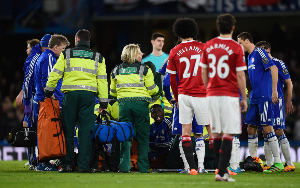 Kurt Zouma receiving treatment during the match between Chelsea and Manchester United. (Photo by Paul Gilham/Getty Images)