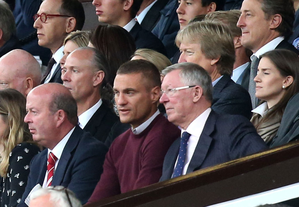 MANCHESTER, ENGLAND - SEPTEMBER 24: Nemanja Vidic looks on with Sir Alex Ferguson during the Premier League match between Manchester United and Leicester City at Old Trafford on September 24, 2016 in Manchester, England. (Photo by Matthew Peters/Man Utd via Getty Images)