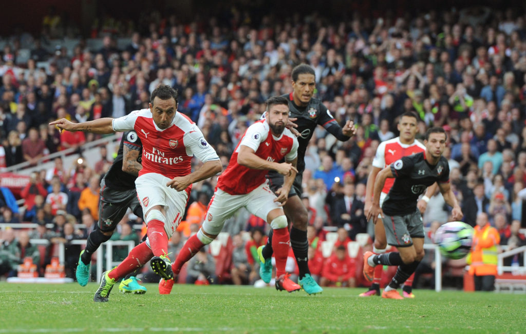 LONDON, ENGLAND - SEPTEMBER 10:  Santi Cazorla scores Arsenal's 2nd goal from the penalty spot during the Premier League match between Arsenal and Southampton at Emirates Stadium on September 10, 2016 in London, England.  (Photo by David Price/Arsenal FC via Getty Images)