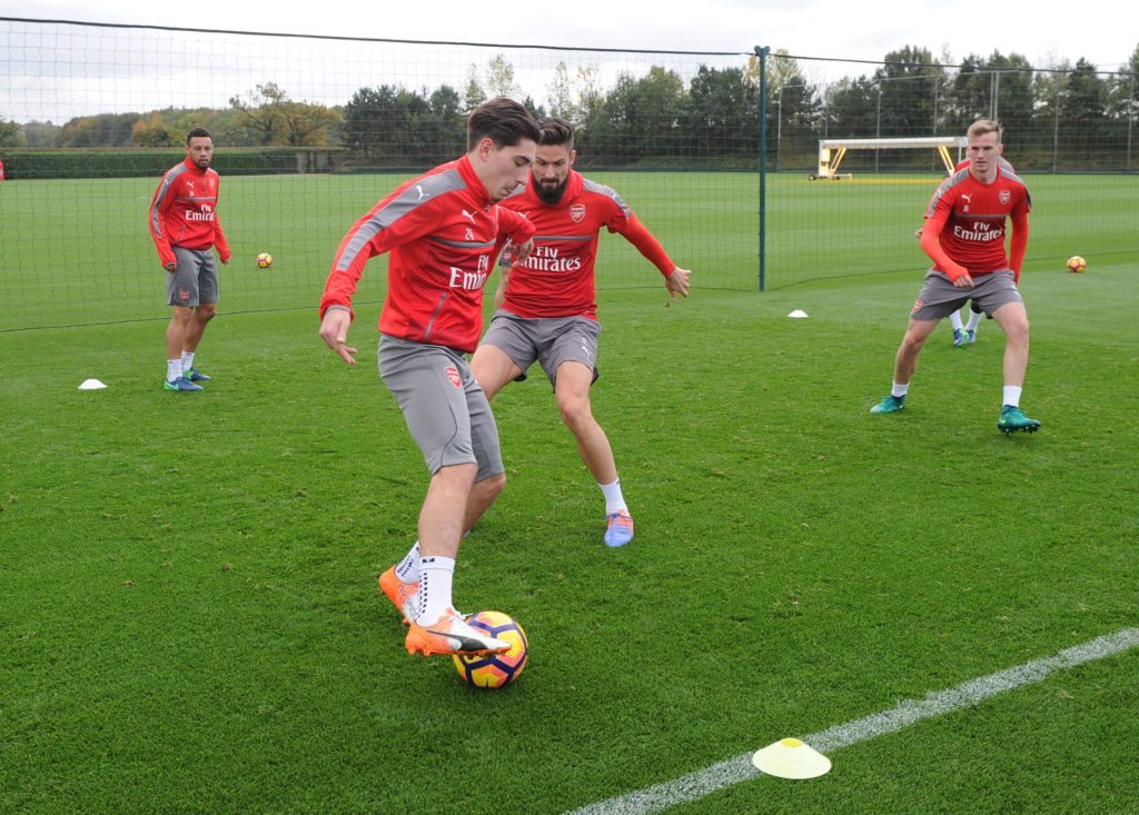 ST ALBANS, ENGLAND - NOVEMBER 05: (L-R) Hector Bellerin and Olivier Giroud of Arsenal during a training session at London Colney on November 5, 2016 in St Albans, England. (Photo by Stuart MacFarlane/Arsenal FC via Getty Images)