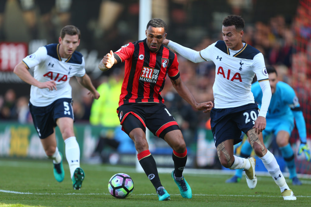 BOURNEMOUTH, ENGLAND - OCTOBER 22: Callum Wilson of Bournemouth and Dele Alli of Tottenham Hotspur during the Premier League match between AFC Bournemouth and Tottenham Hotspur at Vitality Stadium on October 22, 2016 in Bournemouth, England. (Photo by Catherine Ivill - AMA/Getty Images)