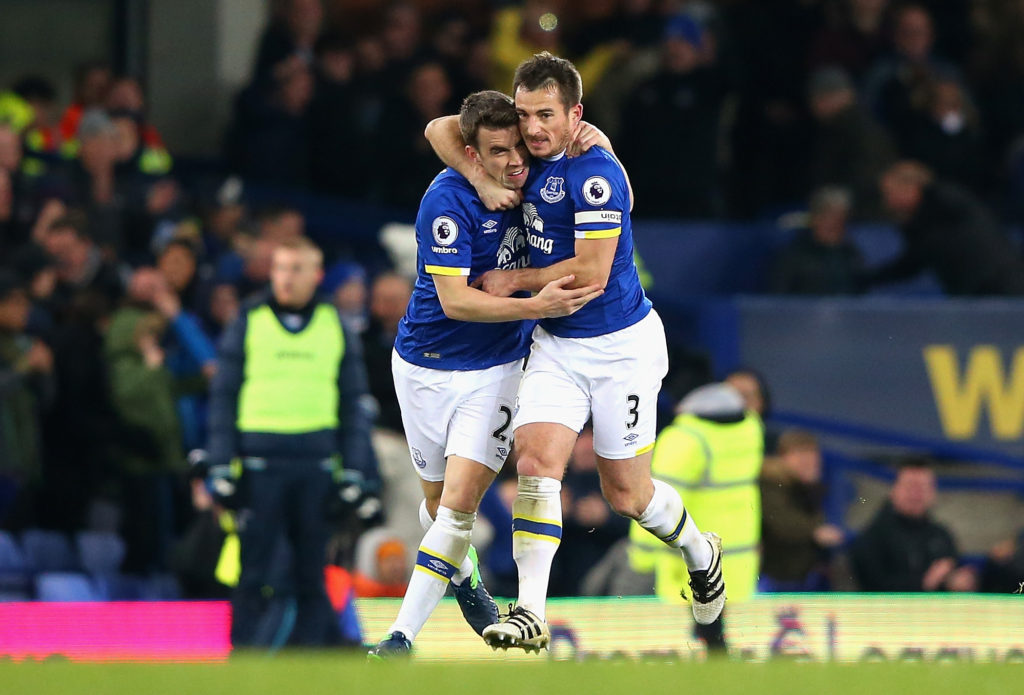 LIVERPOOL, ENGLAND - NOVEMBER 19: Seamus Coleman of Everton (L) celebrates scoring his sides first goal with Leighton Baines of Everton (R) during the Premier League match between Everton and Swansea City at Goodison Park on November 19, 2016 in Liverpool, England.  (Photo by Alex Livesey/Getty Images)