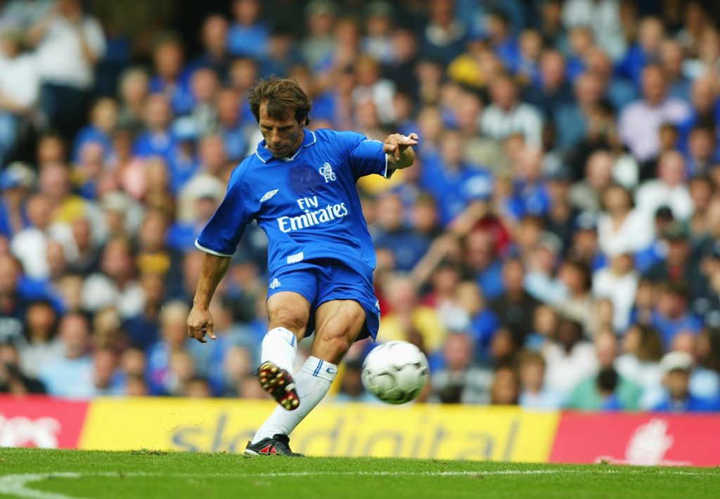 LONDON - SEPTEMBER 14:   Gianfranco Zola of Chelsea strikes a free kick and the second goal for Chelsea during the FA Barclaycard Premiership match between Chelsea and Newcastle United at Stamford Bridge, London on September 14, 2002. (Photo by Ben Radford/Getty Images)