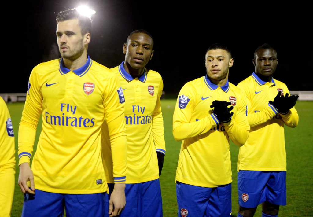 LONDON, ENGLAND - JANUARY 09:  Carl Jenkinson, Benik Afobe, Alex Oxlade-Chamberlain and Emmanuel Frimpong of Arsenal before the U21 League Cup match between Fulham and Arsenal on January 9, 2014 in London, England.  (Photo by David Price/Arsenal FC via Getty Images)