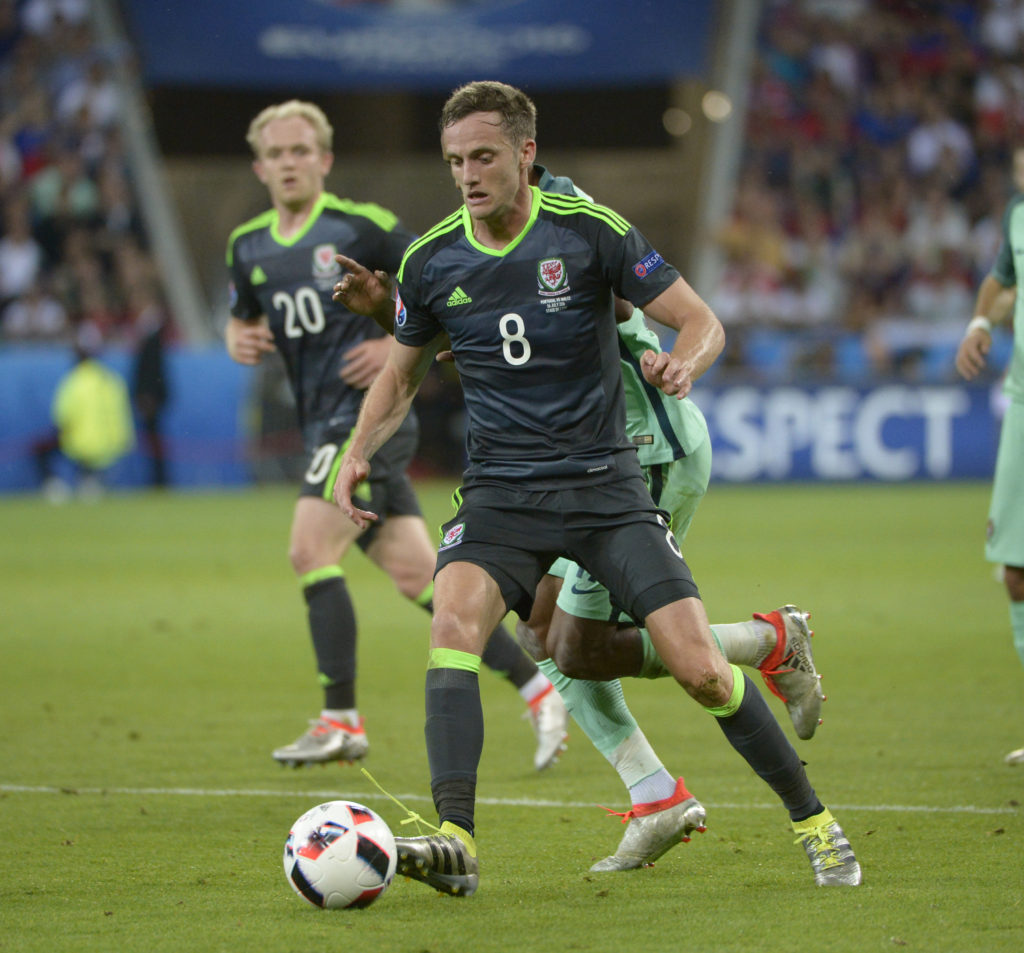 LYON, FRANCE - JULY 06: Andy King in action for Wales during the UEFA EURO 2016 semi final match between Portugal and Wales at Stade des Lumieres on July 6, 2016 in Lyon, France. Portugal won the match 2-0. (Photo by Bob Thomas/Popperfoto/Getty Images).