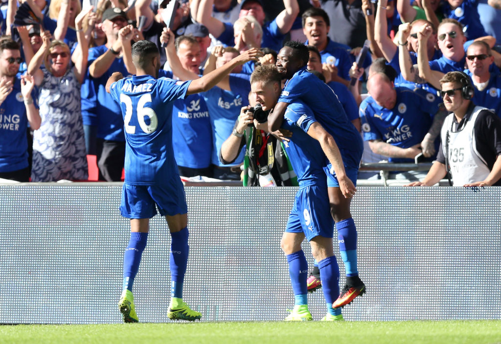 LONDON, ENGLAND - AUGUST 07:  Jamie Vardy of Leicester City celebrates after scoring his sides first goal with team mates Riyad Mahrez of Leicester City and Ahmed Musa of Leicester City during The FA Community Shield match between Leicester City and Manchester United at Wembley Stadium on August 7, 2016 in London, England.  (Photo by Alex Morton - The FA/The FA via Getty Images)