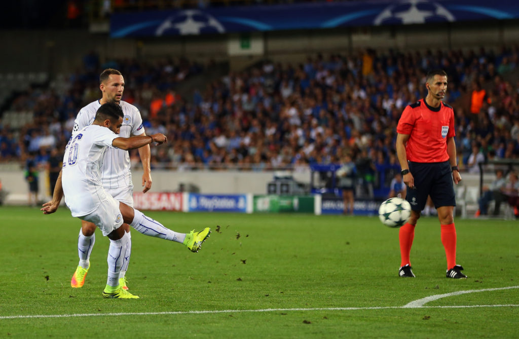 BRUGGE, BELGIUM - SEPTEMBER 14: Riyad Mahrez of Leicester City scores a goal to make it 0-2 during the UEFA Champions League match between Club Brugge and Leicester City at Jan Breydel Stadium on September 14, 2016 in Brugge, West-Vlaanderen. (Photo by Catherine Ivill - AMA/Getty Images)
