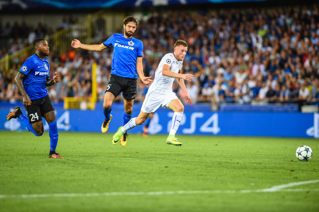 BRUGES, BELGIUM, SEPTEMBER 14: Jamie vardy, Benoit Poulain and Stefano Denswill pictured during the Champions League match between Club Brugge FC and Leicester City FC. Group stage, matchday one. In Jan Breydel stadium on wednesday 14/09/2016. (Photo by Gregory Van Gansen/ MB Media/Getty Images)