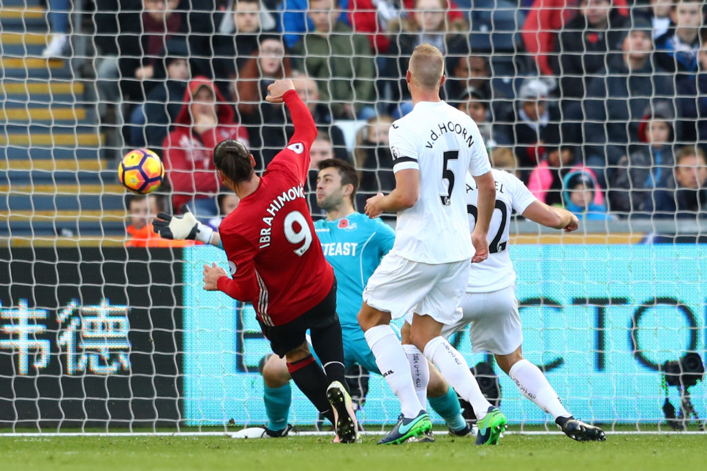 SWANSEA, WALES - NOVEMBER 06: Zlatan Ibrahimovic of Manchester United scores his second and his sides third goal during the Premier League match between Swansea City and Manchester United at Liberty Stadium on November 6, 2016 in Swansea, Wales.  (Photo by Michael Steele/Getty Images)