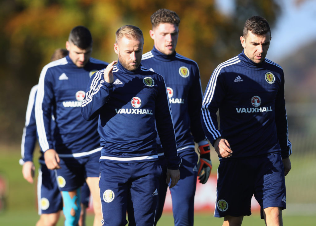GLASGOW, SCOTLAND - NOVEMBER 07:  Jack Hamilton, James McArthur and Barry Bannan warm up during a Scotland training session at Mar Hall on November 7, 2016 in Glasgow, Scotland. Scotland are due to face England in a World Cup qualifier on November 11th at Wembley.  (Photo by Ian MacNicol/Getty Images)