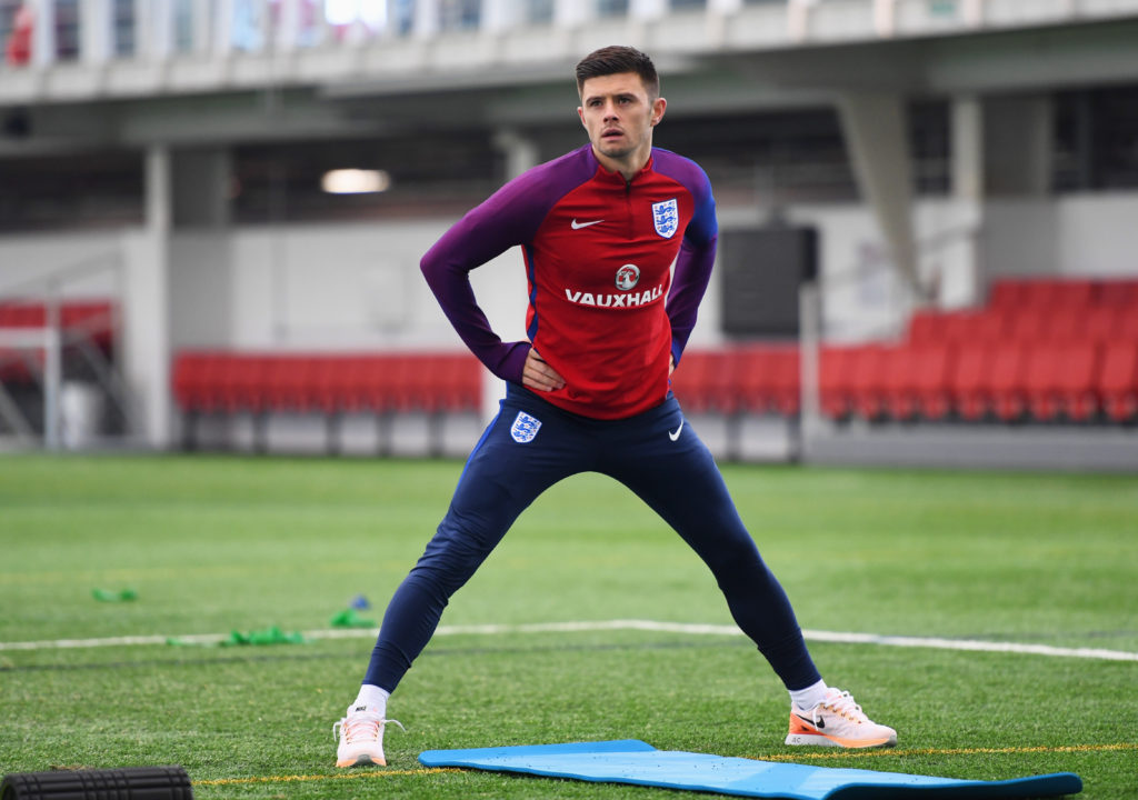 BURTON-UPON-TRENT, ENGLAND - NOVEMBER 08: Aaron Creswell stretches during an England training session at St Georges Park on November 8, 2016 in Burton-upon-Trent, England. England are due to face Scotland in a World Cup qualifier on November 11 at Wembley. (Photo by Michael Regan - The FA/The FA via Getty Images)