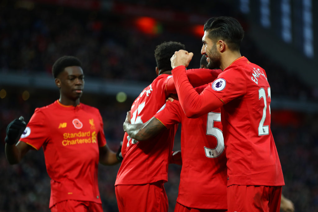 LIVERPOOL, ENGLAND - NOVEMBER 06: Georginio Wijnaldum celebrates one of several Liverpool goals. (Photo by Clive Brunskill/Getty Images)