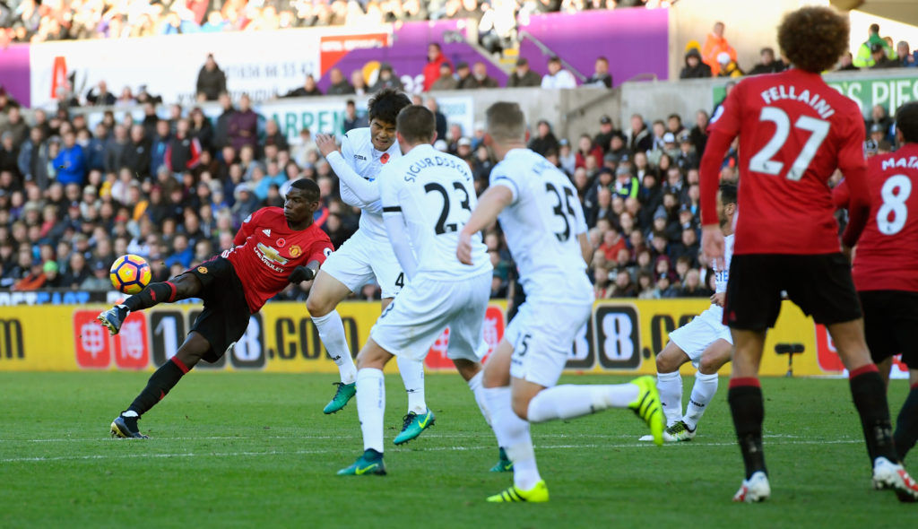 SWANSEA, WALES - NOVEMBER 06: Paul Pogba of Manchester United scores his sides first goal during the Premier League match between Swansea City and Manchester United at Liberty Stadium on November 6, 2016 in Swansea, Wales. (Photo by Stu Forster/Getty Images)
