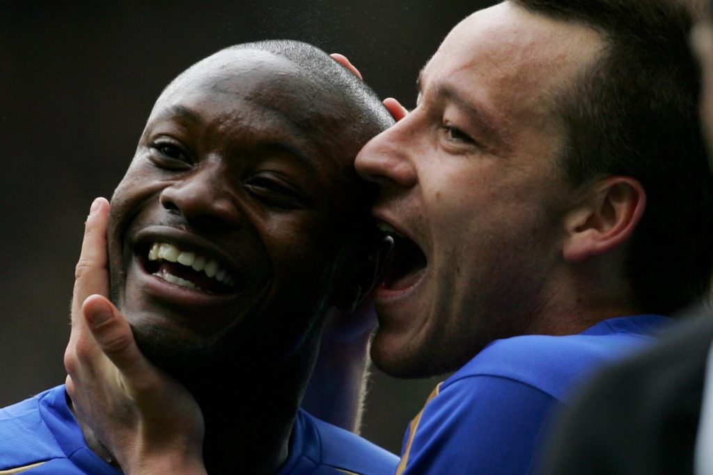 LONDON - APRIL 09: Goal scorer William Gallas of Chelsea (L) celebrates with John Terry during the Barclays Premiership match between Chelsea and West Ham United on April 9, 2006 in London, England. (Photo by Clive Rose/Getty Images)