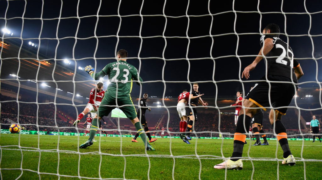 MIDDLESBROUGH, ENGLAND - DECEMBER 05: Gaston Ramirez (l) scores the winning goal for Middlesbrough during the Premier League match between Middlesbrough and Hull City at Riverside Stadium on December 5, 2016 in Middlesbrough, England.  (Photo by Stu Forster/Getty Images)