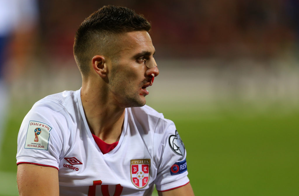 CARDIFF, WALES - NOVEMBER 12: Dusan Tadic of Serbia with bloody nose during the FIFA 2018 World Cup Qualifier between Wales and Serbia at Cardiff City Stadium on November 12, 2016 in Cardiff, Wales. (Photo by Catherine Ivill - AMA/Getty Images)