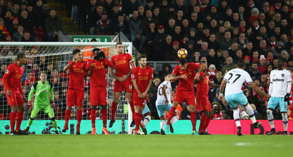 LIVERPOOL, ENGLAND - DECEMBER 11:  Dimitri Payet of West Ham United (27) scores their first goal from a free kick during the Premier League match between Liverpool and West Ham United at Anfield on December 11, 2016 in Liverpool, England.  (Photo by Jan Kruger/Getty Images)