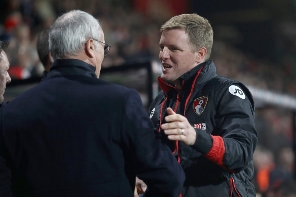 BOURNEMOUTH, ENGLAND - DECEMBER 13: Eddie Howe (R), Manager of AFC Bournemouth greets Claudio Ranieri, Manager of Leicester City prior to kickoff during the Premier League match between AFC Bournemouth and Leicester City at the Vitality Stadium on December 13, 2016 in Bournemouth, England. (Photo by Julian Finney/Getty Images)