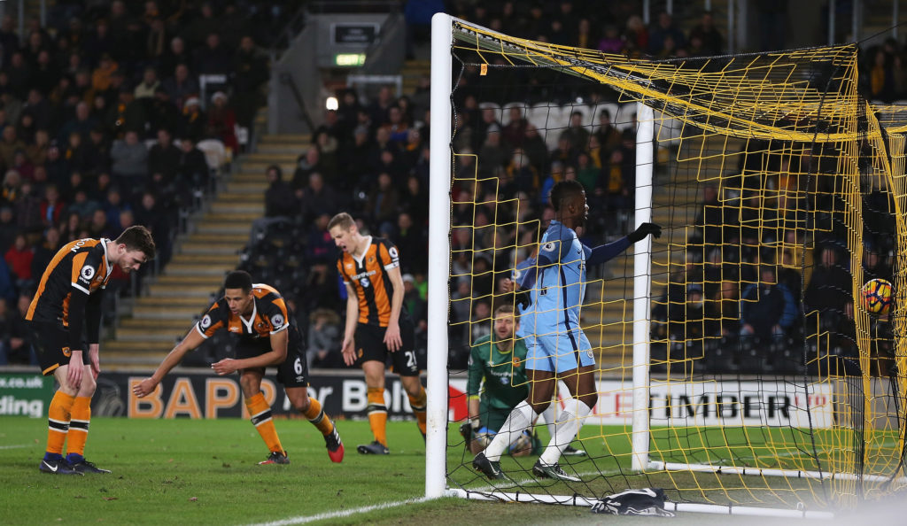 HULL, ENGLAND - DECEMBER 26: Curtis Davies (2ndL) of Hull City reacts after scoring an own goal for Manchester City's third goal during the Premier League match between Hull City and Manchester City at KCOM Stadium on December 26, 2016 in Hull, England. (Photo by Nigel Roddis/Getty Images)
